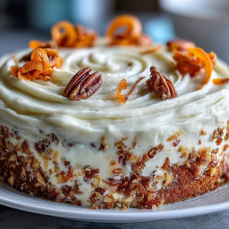 Tender Easter Carrot Cake, frosted generously and adorned with sweet candied carrot garnishes.