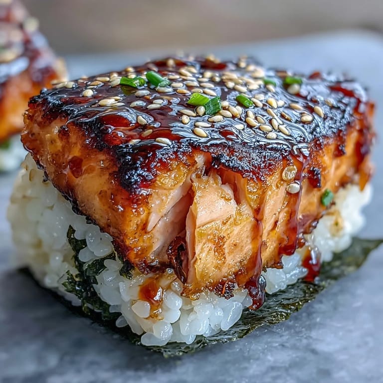 Savory grilled salmon onigiri triangles, offering a warm, flaky, and satisfying bite.