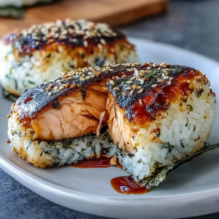 Hearty grilled salmon onigiri, perfectly shaped and seared for a delightful meal.