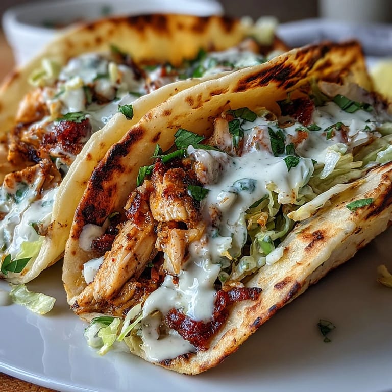 Fresh Roasted Chicken Cabbage Tacos with zesty lemon crema and cilantro garnish.