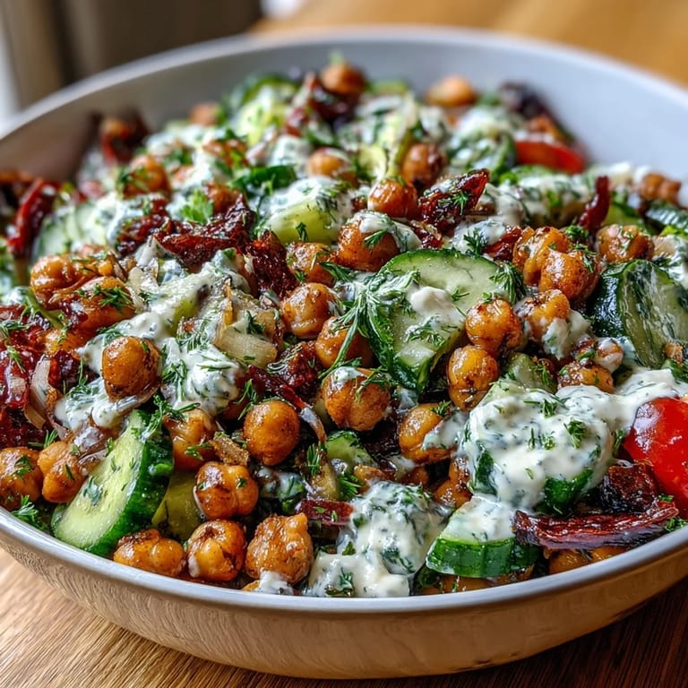 Fresh Mediterranean Chickpea Salad, packed with crisp cucumber, olives, and zesty dressing.