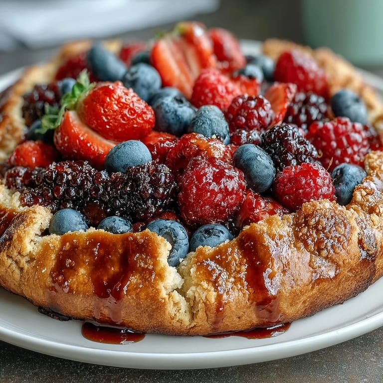Juicy Summer Berry Galette featuring a flaky almond crust, ready for dessert.