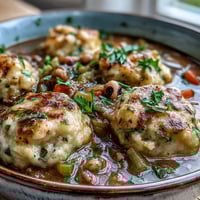 Hearty Black-Eyed Peas and Sausage Dumplings stew with fluffy cornmeal dumplings steaming in a Dutch oven.