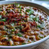 Steaming pot of Texas Black-Eyed Peas featuring smoky bacon, jalapeños, and diced tomatoes ready to serve.