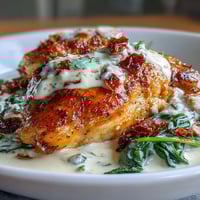 Creamy Tuscan Chicken Skillet with tender chicken in a rich garlic cream sauce with spinach and sun-dried tomatoes.