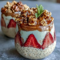 Creamy strawberry overnight oats with chia seeds and crunchy granola, ready for a healthy breakfast.