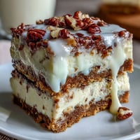 Creamy cheesecake swirled with moist carrot cake, topped with crunchy nuts and cinnamon.