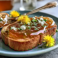 Bright, golden dandelion jelly with lemon and honey, spread on warm toast for a floral springtime breakfast.