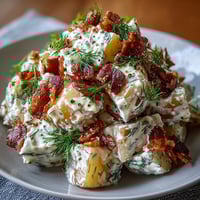 Creamy Memorial Day Potato Salad with crispy bacon and fresh dill garnish.