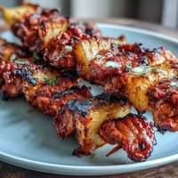 Grilled Chicken Al Pastor Skewers with Pineapple, showcasing vibrant char and juicy, marinated chicken.