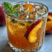 Vibrant Iced Peach Green Tea Lemonade copycat, visually refreshing with peach slices on ice.