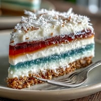 Vibrant Rainbow Jelly Cake with creamy coconut topping, perfect for a festive gathering.
