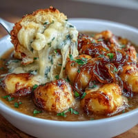 Golden Gnocchi French Onion Soup with bubbly Gruyère and toasted baguette on top.