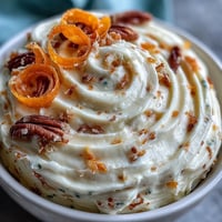 Moist Easter Carrot Cake topped with swirls of creamy frosting and decorative curls.