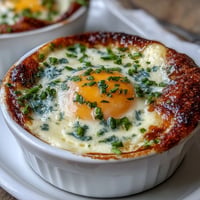 Golden Easter Eggs en Cocotte baked until yolks are perfectly runny, ready for brunch.
