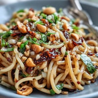 Spicy Chili Crisp Noodles in a bowl, topped with scallions and roasted peanuts for crunch and flavor.