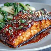 Miso Glazed Salmon with Sesame Bok Choy, a glistening fillet atop vibrant, crisp greens.